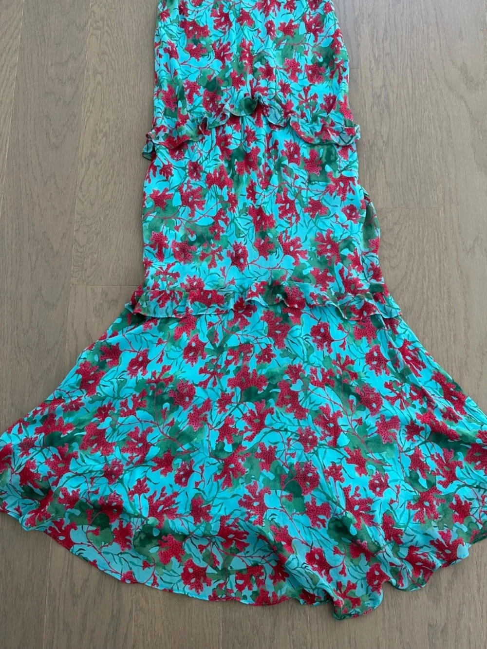 SALONI Rita Silk Maxi Dress Teal Blue Aquarium Floral Ruffle Sleeveless - US 2 - Picture 5 of 12